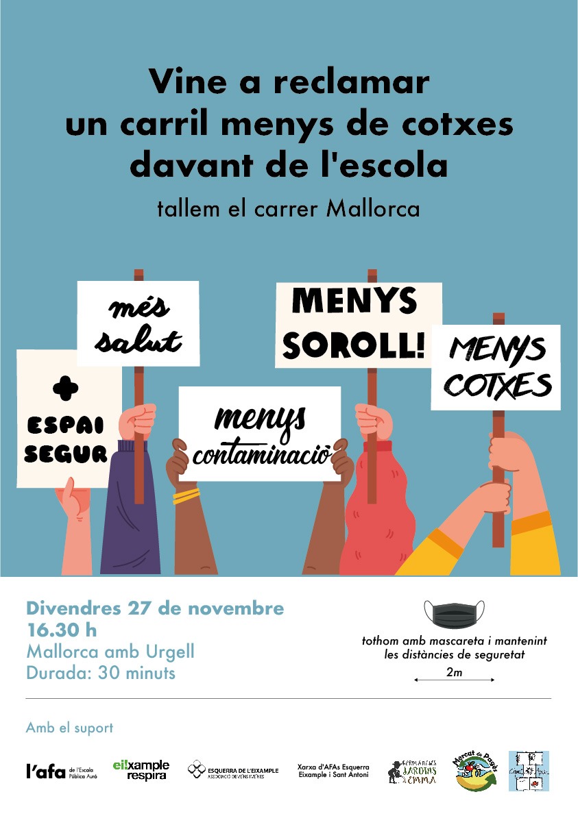 📢 Aquest divendres 27 a les 16:30:
Vine a tallar el carrer Mallorca per reclamar un carril menys de cotxes davant de l'escola <a href="/AfaAuro/">AFA Escola Auró - BCN</a>  .🚗💨 
Protegim als nostres infants. Per unes escoles sense fums ni sorolls 🚸😷🌍🌱l!

🔴No hi falteu! Ajudeu-nos a difondre!👇
