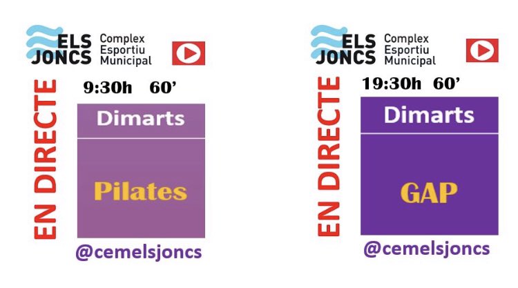 CemelsJoncs's tweet photo. Els dimarts a Instagram pots seguir una sessió de Pilates a les 9:30 h i a les 19:30 h una de GAP. Seguint aquest entrenament treballaràs la resistència, l’elasticitat, enfortiràs i tonificaràs. Dues hores d’exercicis dirigits pel personal del CEM Els Joncs. No t’ho perdis! https://t.co/OgEqNK8uIy