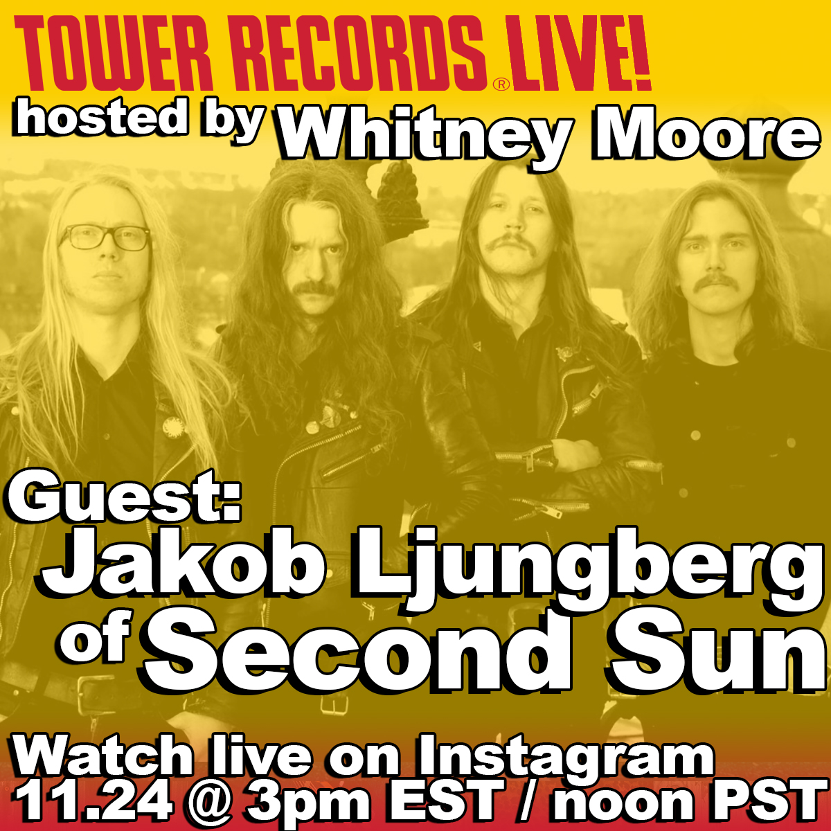 TowerRecords's tweet image. Today on #TowerRecordsLive we give a warm welcome to @jakobljungberg of #SecondSun ☀️ Tune in on Instagram: #OfficialTowerRecords with host @TweetneyMoore at 12pm PST / 3pm EST #JakobLjungberg #TowerRecords
