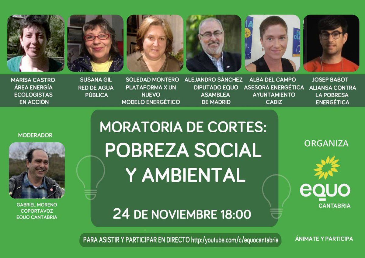 PartidoVerde_es's tweet photo. Colectivos contra la pobreza social y ambiental piden ampliar la moratoria contra los cortes de servicios básicos para una vida digna. A las 18h, sigue el debate de
@Equo_Cantabria sobre el tema con @alesanper @AlbadelCampo1 @josepbabot #soledadmontero #marisacastro #susanagil https://t.co/uibU05X9sw