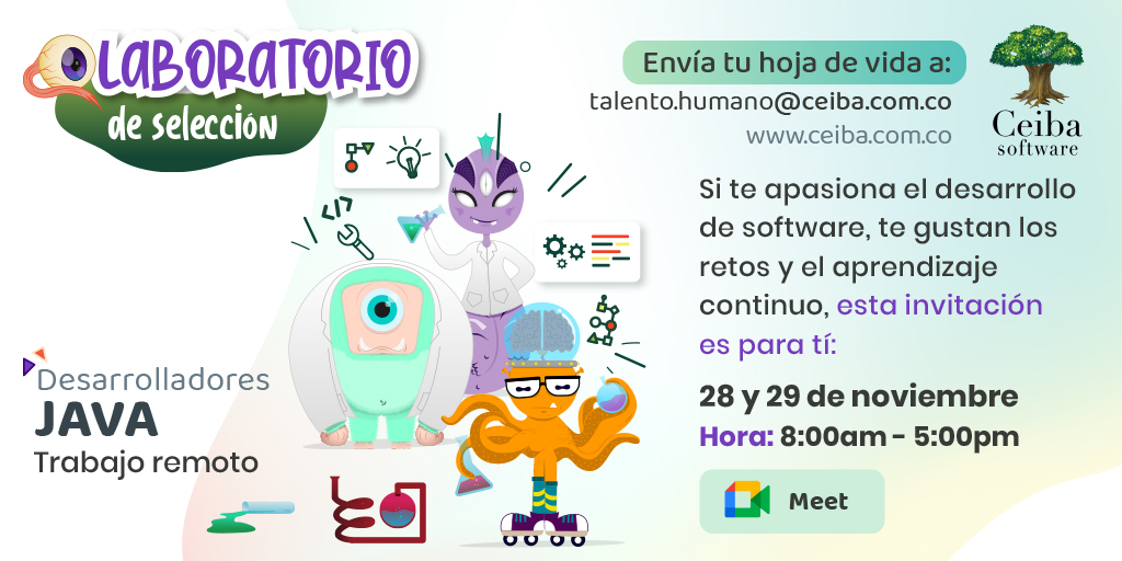 CeibaSoftware's tweet photo. ¡Estamos buscamos #DesarolladoresJava para trabajar remoto con la #FamiliaCeiba!
Te esperamos el 28 y 29 de nov de 8 a.m. a 5 p.m. en nuestro Laboratorio de selección virtual.
Envíanos tu hoja de vida al correo: talento.humano@ceiba.com.co
#trabajosihay #Java #Devs #EmpleosTI https://t.co/78IDGl3h9N