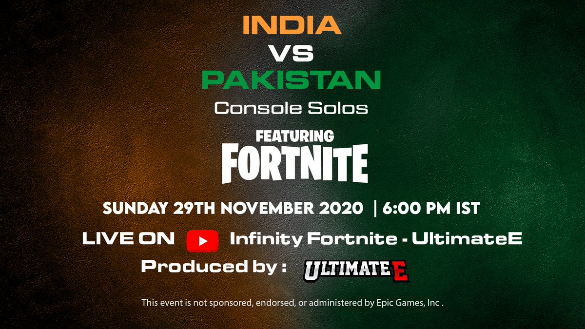 InfinityFN_'s tweet photo. India Vs. Pakistan Console Solos

Partnered teams : @eSportsWASP @TeamSynergy 

Hosted by : @_InfinityScrims 
Produced by : @RealUltimateE 

29th November, 2020 Sunday | 6:00 pm IST

Live on : https://t.co/SzK78VEbrZ https://t.co/ha9Ltq41BW