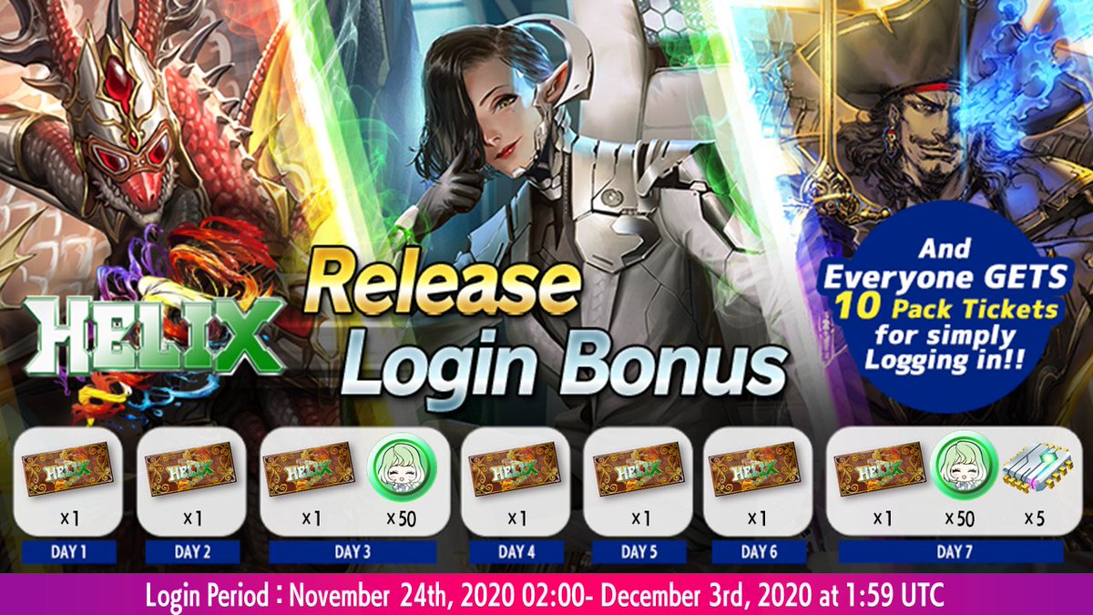 📢HELIX Release &amp; Campaigns📢
PACK CODE: 06 HELIX releases today!
To celebrate, we've got a few campaigns going on!
All players will receive 10 HELIX packs and can receive up to 7 more through the login bonus by logging in every day! #ZenonzardACI