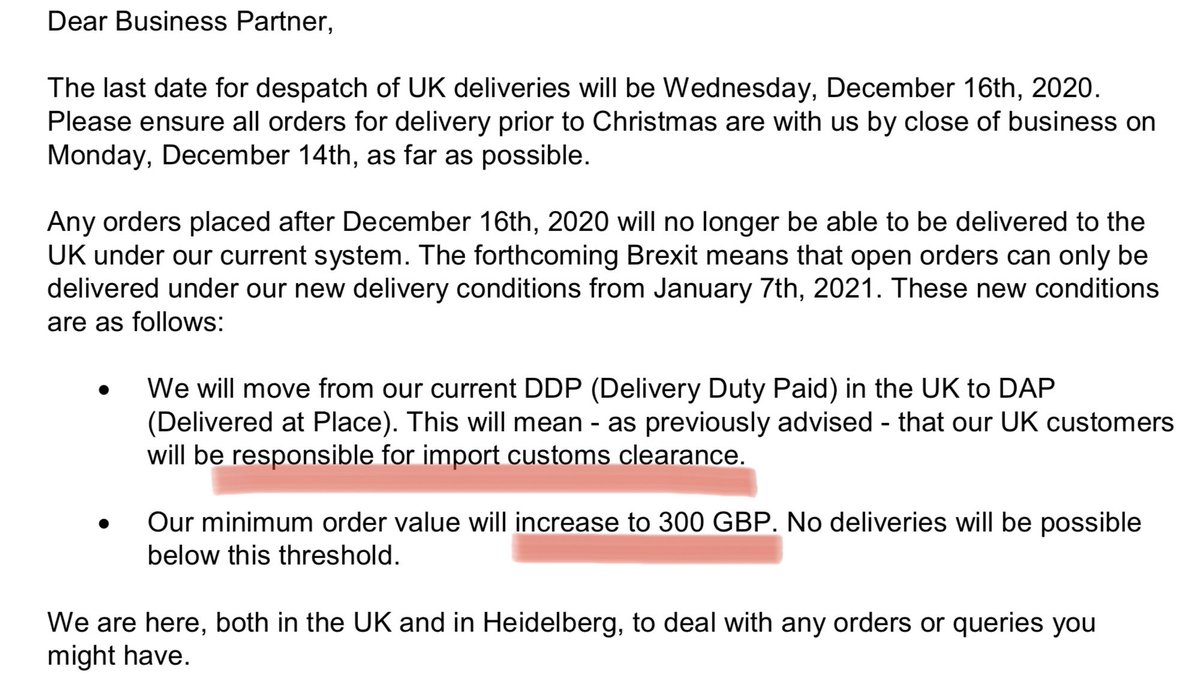 Sally_CF71's tweet photo. Just received this letter from a German supplier.

In readiness for #NoDealBrexit, they are changing their delivery systems so UK customers will have to pay import duties &amp; manage new customs red tape.

Remind me again how this benefits UK businesses &amp; consumers @AlunCairns ? 🤔 https://t.co/3qLu2pIpju