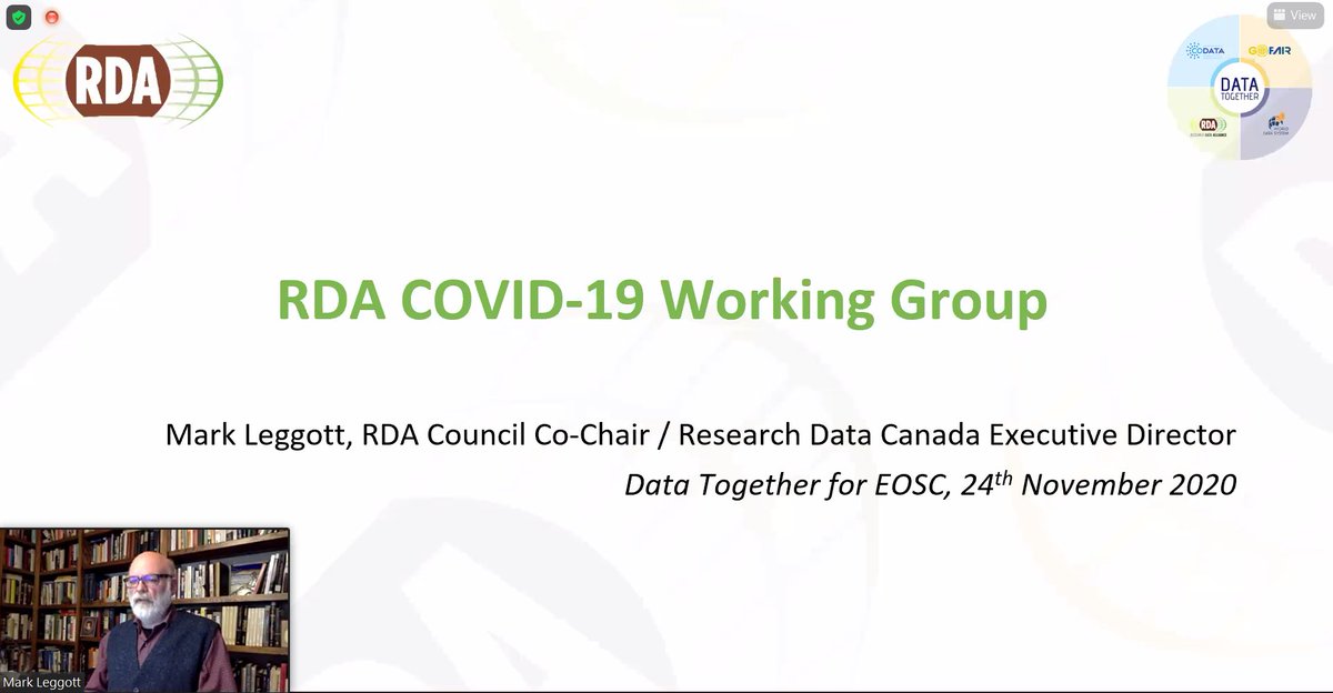 EoscSecretariat's tweet image. At the #DataTogether webinar. Mark Leggott speaks about the #RDA #COVID19 working group. 

&quot;There were just under 200 individuals from the RDA community who were quite active!&quot;

You can find out more about the RDA #Covid response here:
youtu.be/W1BUjmJOIy0

#FAIR #data