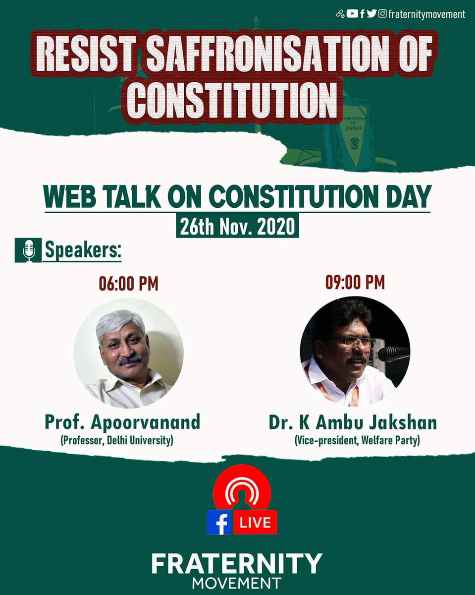 ansarabubacker's tweet photo. Resist Saffronisation of Constitution 
26th November Constitution Day 
Web Talk by Dr. K Ambujakshan and Prof. Apoorvanand 

Fraternity Movement https://t.co/xhPRS0o4hE