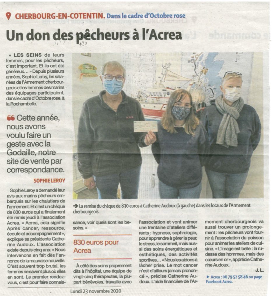 GodailleCom's tweet photo. Les marins de l’armement et la  Godaille sont solidaire de la lutte contre le cancer. À l’occasion de l’opération de Octobre Rose ils ont remis un chèque à l’association ACREA de Cherbourg. #octobrerose #cherbourgencotentin @CherbourgEnCot @fbleucotentin https://t.co/FMTOaoGPTo