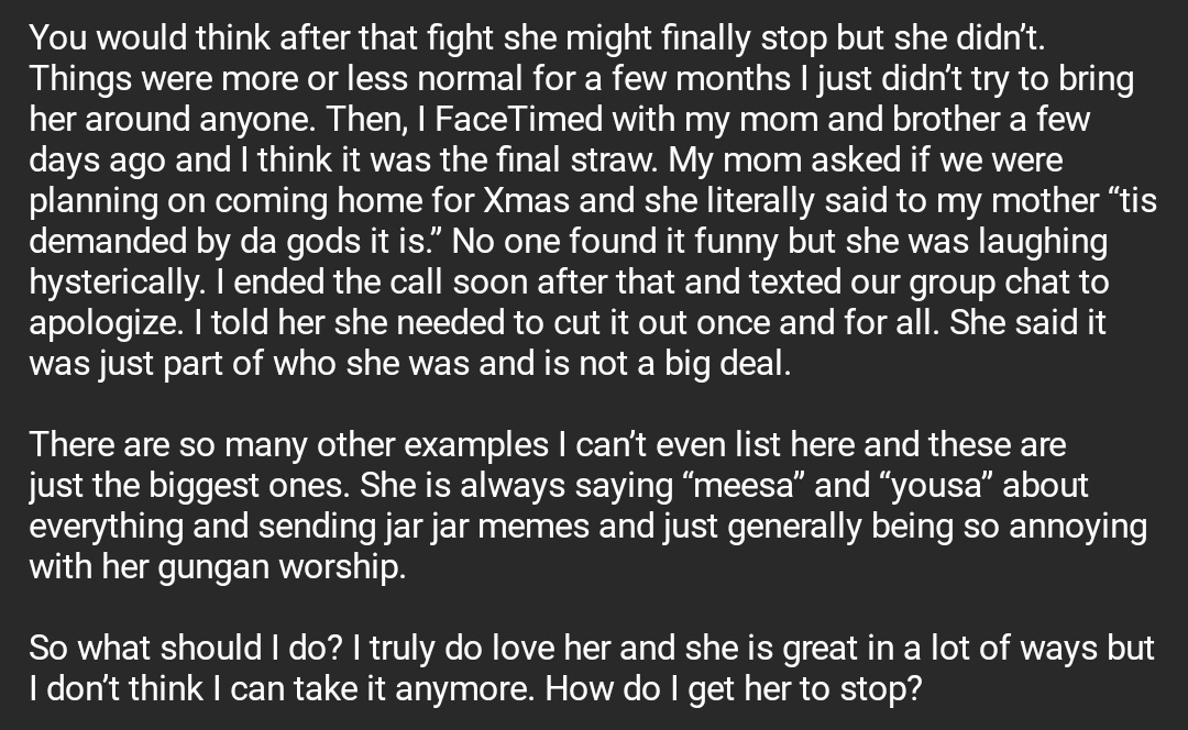 My (28M) girlfriend (27F) won’t stop speaking in gungan and I’m losing my mind (together 5 years)