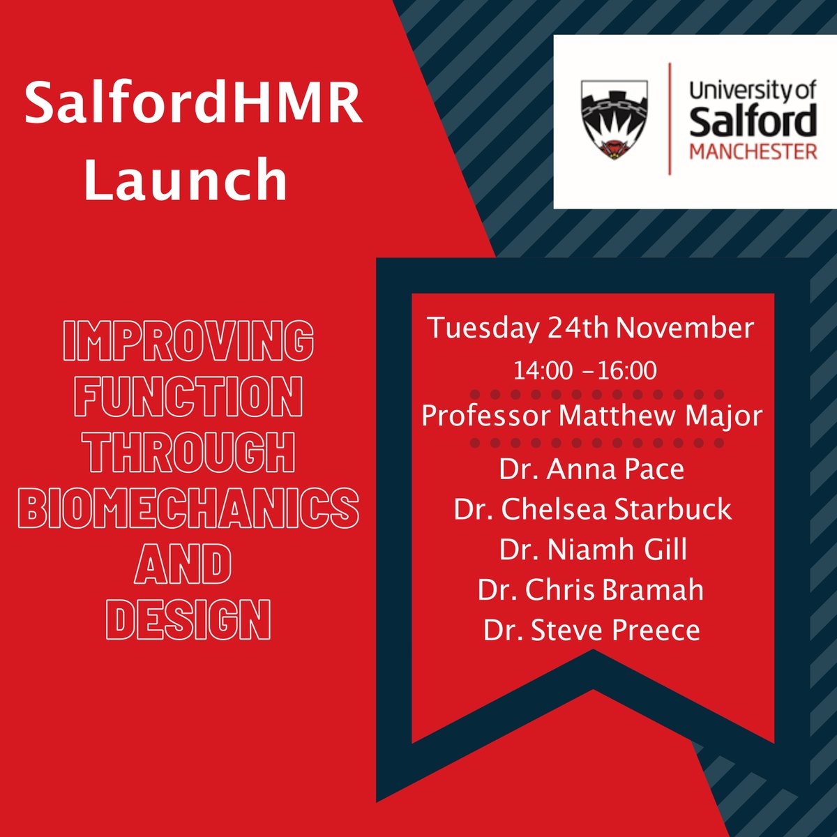 15 minutes to go until the 2nd day of <a href="/SalfordHMR/">Salford Human Movement and Rehabilitation Research</a> launch event begins! Today, we have a group of fantastic speakers lined up to present on topics related to 'Improving function through biomechanics and design'. Tune in at 2pm via our TeamsLive event. #SHMRLaunch #biomechanics