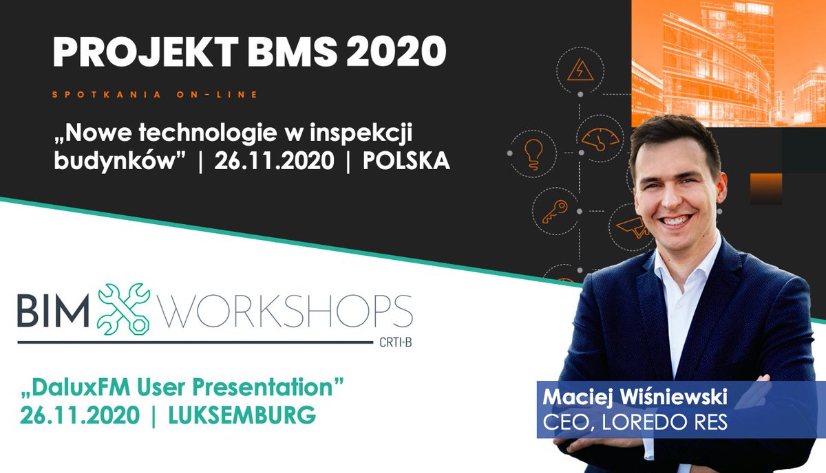 Nov 26th! 2 events / 2 countries - it's going to be quite busy day :) We are speaking at #ProjektBMS in Poland and #BIMWorkshop by <a href="/crtib/">CRTI-B</a> in Luxembourg, where together with Dennis from <a href="/DaluxAps/">Dalux</a> we will present our Polish case study! #LoredoRES #BIM4FM #TransparentBuildings #FM