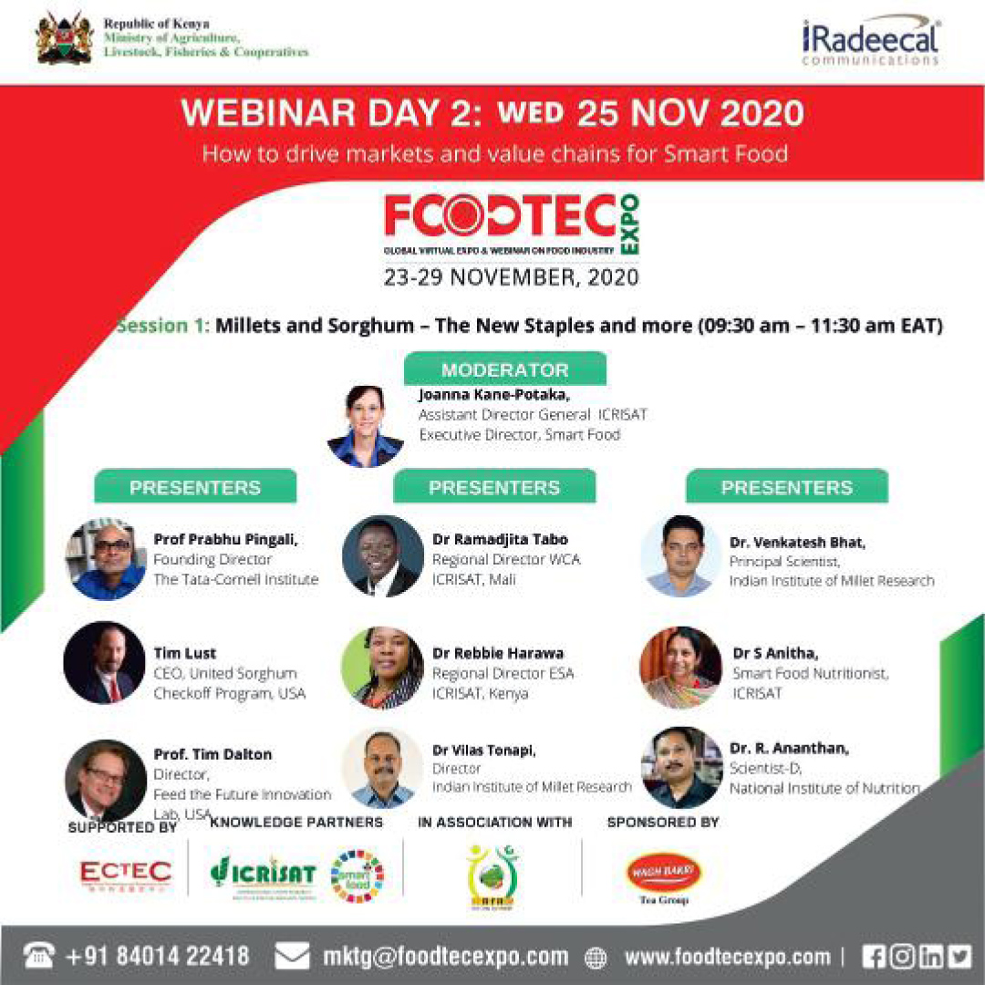 IcrisatW's tweet photo. Ongoing Conference on Food Trends Opportunities and Driving Markets for Smart Food. Please join us today but also Wednesday and  follow a presentation by Dr. Ramadjita Tabo @RamadjitaT @icrisat #SmartFood2020 #FoodTec2020 https://t.co/3cXL1Ts13I