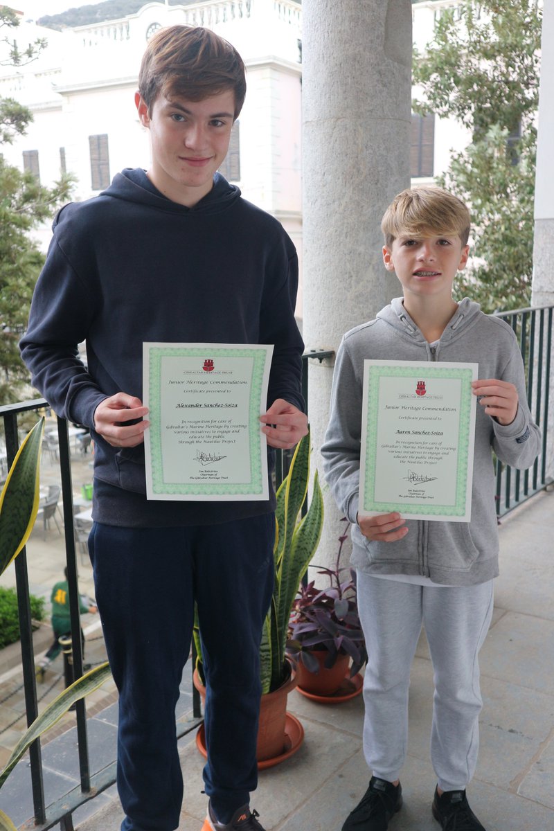 Heritage Commendation awarded to Alexander Sanchez-Soiza & Aaron Sanchez-Soiza. Falls under the Junior category and they are awarded for their efforts in enhancing Gibraltar's Marine Heritage. Developed schemes such as #MedOceanHeroes and The Great Gibraltar Beach Clean up.