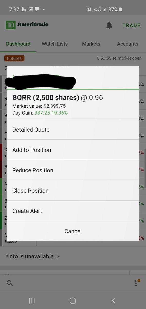 Jsilver1265's tweet image. @ThePennyPro in $BORR at .81ish out at .955 for a 19% win. +290 and some change. keeping 500 share for a hopeful move to 1 dollar.