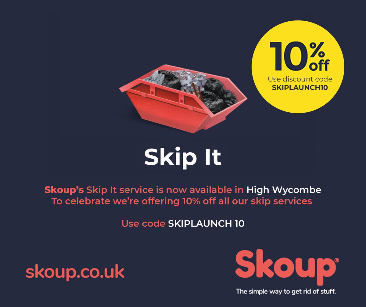 We've launched our Skoup Skip It service in #HighWycombe 👏🎉

To celebrate we're offering a 10% discount on your next skip hire. Book Online &amp; Save at ➡️ skoup.co.uk

#discount #savemoney #skiphire #renovation #DIY #wastemanagement