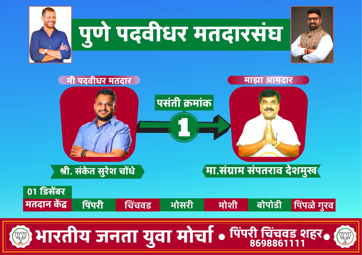 BJYM4PCMC's tweet photo. ०१ डिसेंबर
०१ नंबर माणुस @SangramD_BJP !
पसंती क्रमांक "१" लिहुन प्रचंड मतांनी निवडून द्या
👨🏻🎓 मी पदवीधर मतदार 👉🏻 माझा आमदार मा.संग्राम संपतराव देशमुख !
@sanketchondhe10
#SangramDeshmukh #PuneGraduateConstituency #YoungLeader #VisionaryLeader #BJP #BJYM #Vote4SangramDeshmukh https://t.co/mrDCbHwKQU