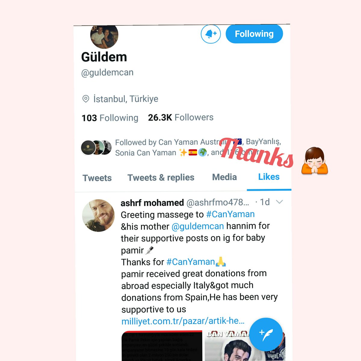 Ashrf Mohamed On Twitter Thaks Guldemcan Hanim For Liking My Tweet It Means Alot For Me Realy God Bless You Your Son Canyaman1989 For Helping The Sweet Pamir To Get Donation Hope