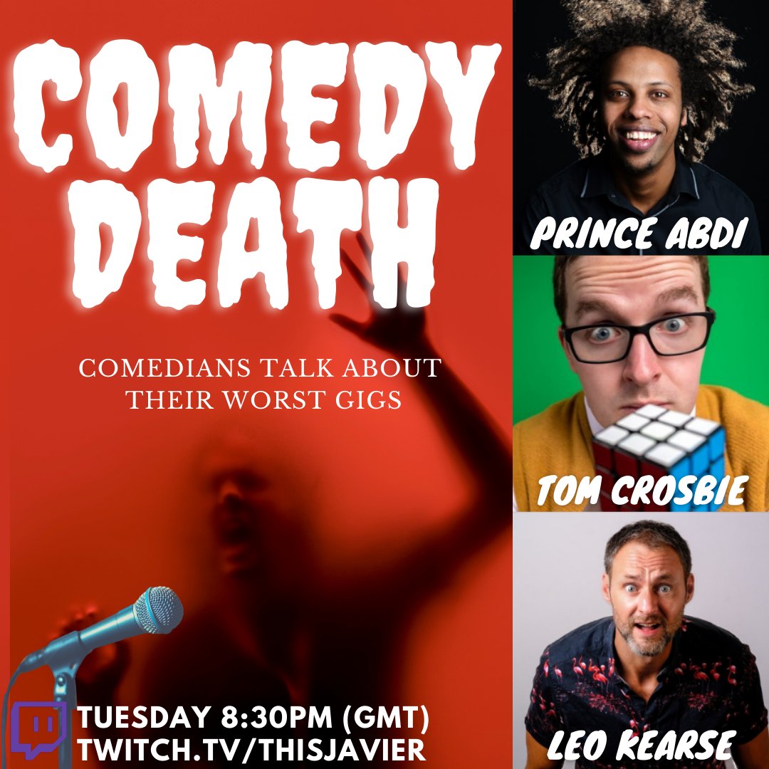 ComedyDeathUK's tweet photo. Tonight's Comedy Death is going to be rife with comedians telling their horrible gig stories. 
Guests tonight are: @realprinceabdi @performingnerd &amp; @LeoKearse 

Catch it tonight 8:30pm (GMT)
at https://t.co/PrZNQ9InNg https://t.co/ncPx3zvyDj