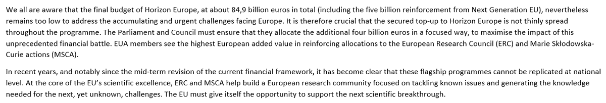 euatweets's tweet photo. The additional €4 billion of the #HorizonEU budget should focus on @ERC_Research & @MSCActions to reduce the financial pressure on 'Pillar I: Excellent science' in #HorizonEurope. #RescueHorizonEurope #EUinvestInKnowledge https://t.co/1Z1DDP3iZW