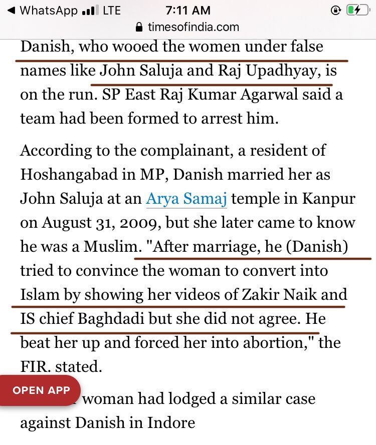 Case 3- Danish became John Saluja and Raj Upadhyay to marry a H girl. Later he revealed his identity and forced her to convert. He used to show her videos of Zakir Naik and IS Chief Baghdadi. He beat her up and forced to abort her pregnancy.