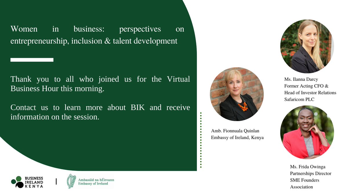 BIrlKe's tweet photo. Thank you to all who joined us for the 12th &amp; final #VirtualBusinessHour of 2020! Very special thanks to our marvelous panel of speakers, we were extremely honored to host you, hear your perspectives &amp; learn from you.

For more info on @BIrlKe contact -info@businessireland.co.ke https://t.co/SpKOkiMfPp