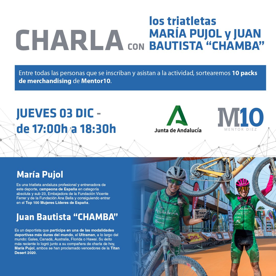 iadeporte's tweet photo. El 3 de diciembre, gracias al programa Mentor 10, se celebra una charla online con los triatletas María Pujol y Juan Bautista "Chamba", vencedores de la Titan Desert 2020.

Si quieres participar, puedes acceder a la inscripción en el siguiente enlace 👇👇
https://t.co/JE11wvmExD https://t.co/vj0zX2tueF