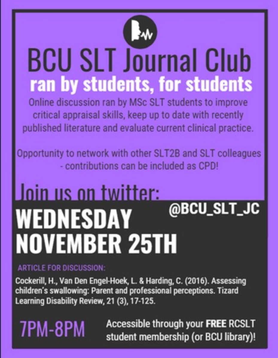 BCU_SLT_JC's tweet image. Our second journal club session will be tomorrow at 7PM! We will be looking at parent and professional views on the topic of assessing children’s swallowing 🙂 #bcuSLTjc