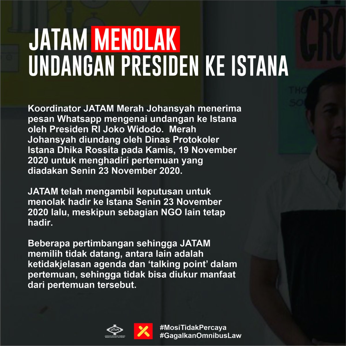 jatamnas's tweet photo. [SIKAP] Berhubung sejumlah pihak terus bertanya atas sikap kami, maka, berikut jawabannya:

JATAM Menolak Undangan Presiden ke Istana! Titik!

#MosiTidakPercaya https://t.co/R5t8Aia5i8