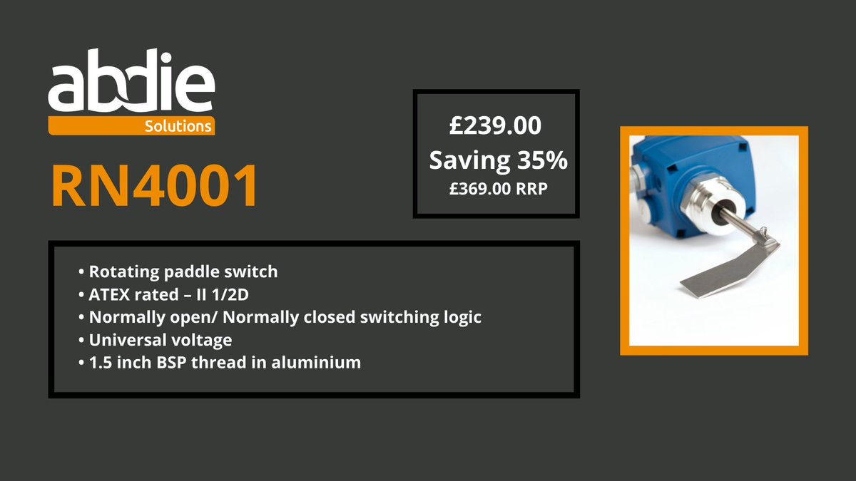 AbdieSolutions's tweet image. The RN4001 rotating paddle switch is down to £239.00 in our Black Friday Sale. View the rest of our sale items via; ow.ly/r8J850CpZru
The team are on hand if you'd like to discuss your requirements. You can call us on 01738 629191.
#uwt #levelcontrols #blackfridaysale