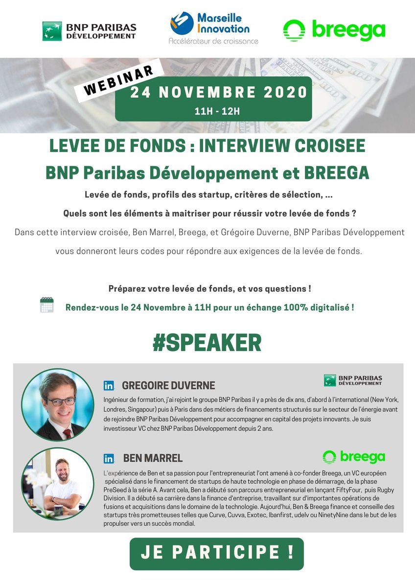 marseilleinnov's tweet photo. 💻▶️[#WEBINAR] En cours, @marseilleinnov et son #MIpartner @BNPParibas invitons BNP Paribas Développement &amp; @BreegaVC pour parler de la levée de fonds à nos #startup ! 💪 https://t.co/Ros27OgNrS
