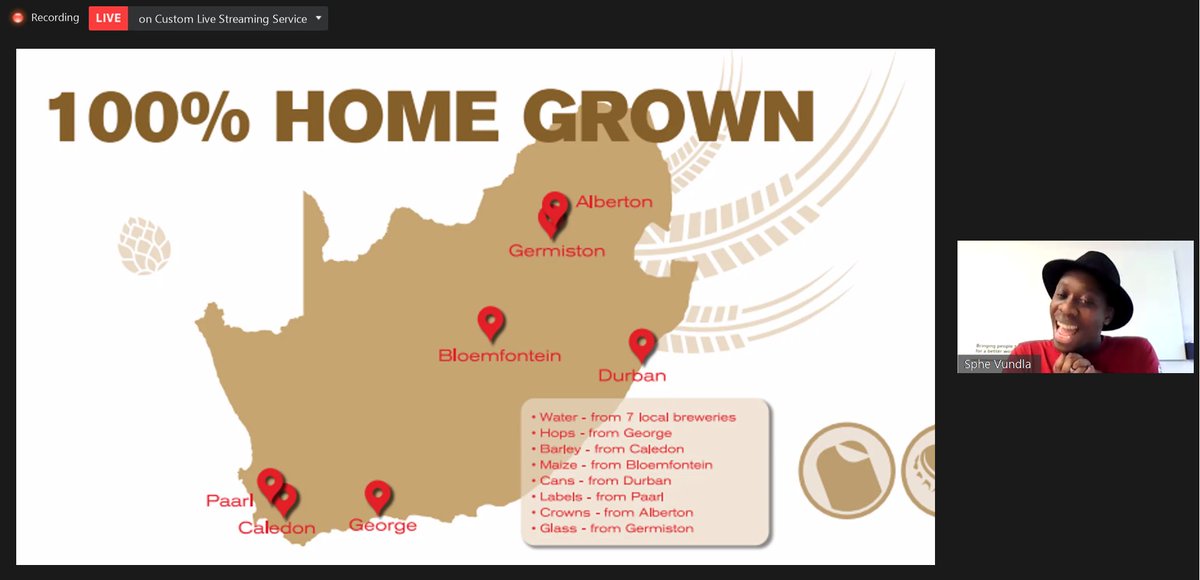 ProudlySA's tweet photo. Marketing manager for @CastleLagerSA at @SABreweries, @Sphe_V speaks on how they have implemented localisation and the value chain this has benefitted. #LocalisationWebinar #BuySouthAfrican #ProudlySouthAfrican https://t.co/qVyTAYmOTK