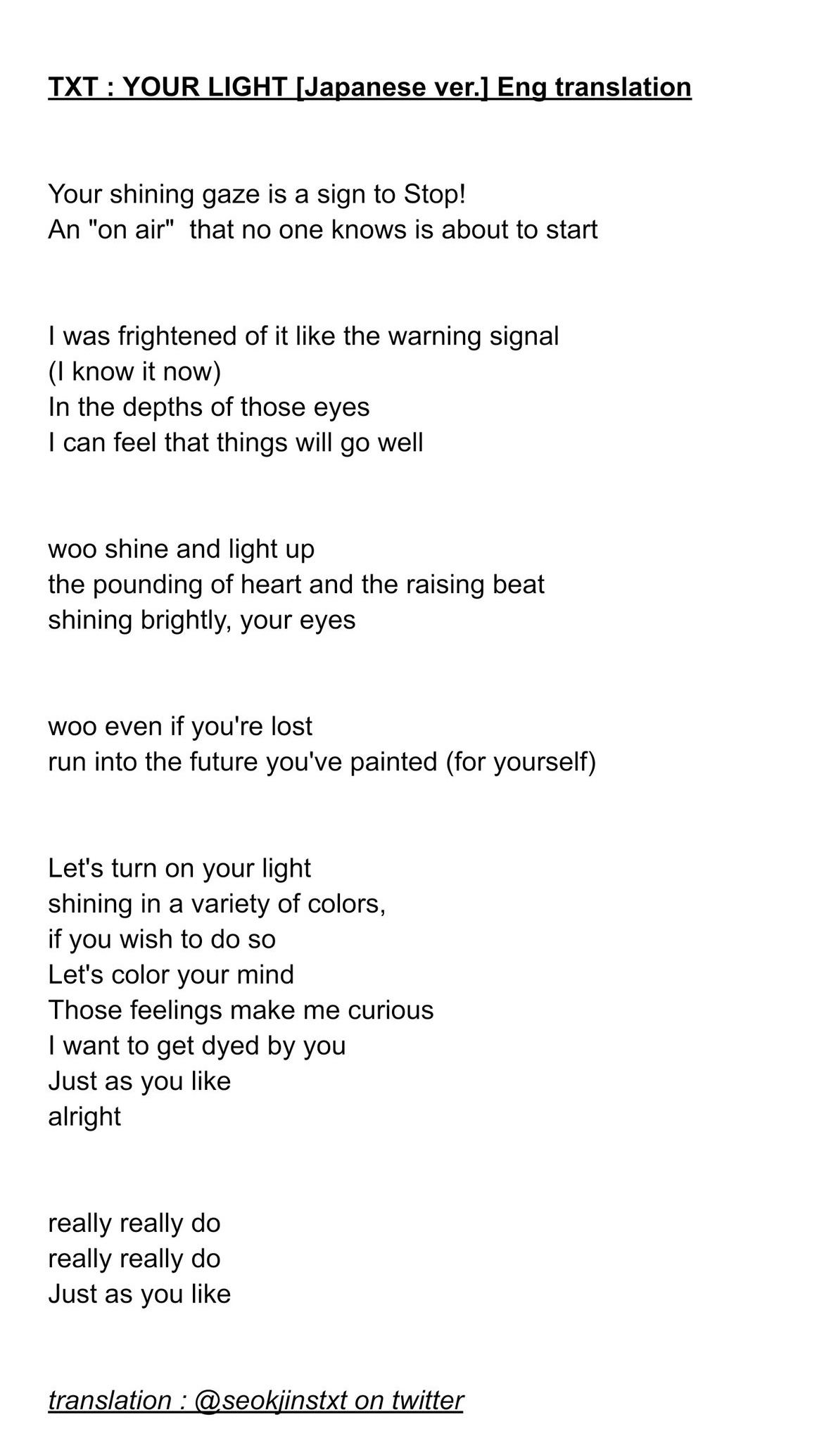 hime !! on X: TXT 'Your Light' (japanese ver.) Lyrics - Live On Drama OST  : english translation #YourLight #YourLightWithTXT #모아의_빛_투바투_첫_OST  @TXT_members @TXT_bighit @TXT_bighit_jp  / X