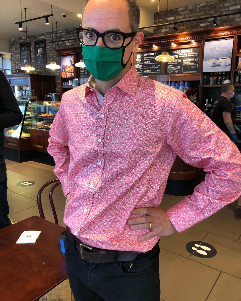 hwallop's tweet image. If you look closely, I’m wearing a @dresscodeshirts #cashcuff shirt. It allows you to pay for coffees etc. 
Yes – the pattern is a QR code. 2020’s hottest fashion. 
[tho’ disappointingly it’s a chip sewn into the cuff that allows you to pay, not the QR shirt pattern]