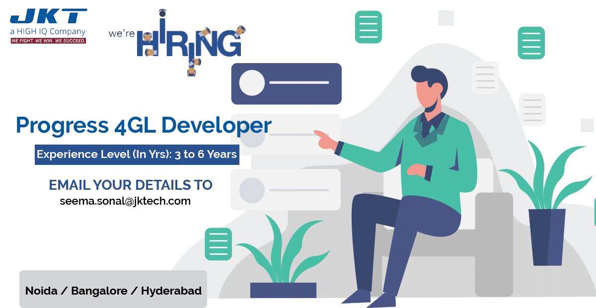 JKTechnosoft's tweet photo. #WeAreHiring for the profile of #Progress4GL #Developer in #Noida, #Bangalore or #Hyderabad. Be a part of our growing #JKT family, share updated resume at seema.sonal@jktech.com
Apply now: https://t.co/M1O5rj0JLn
#HiringAlert #Hiring #JobOpening #Progress #Careers #Jobs #RT https://t.co/Am6jBEZKAr