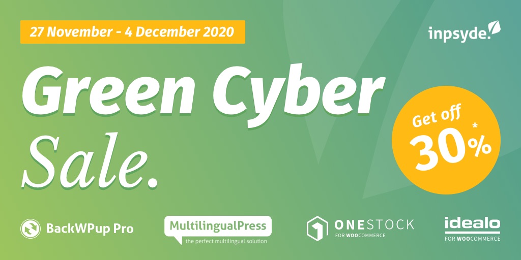 syde_gmbh's tweet photo. 🍃 Get ready for Green Cyber Sale from November 27th to December 4th! Save 30% on our #WordPress #Plugins #BackWPup Pro, #MultilingualPress 3, OneStock for WooCommerce and #idealo for #WooCommerce. https://t.co/H7VijcLNzc