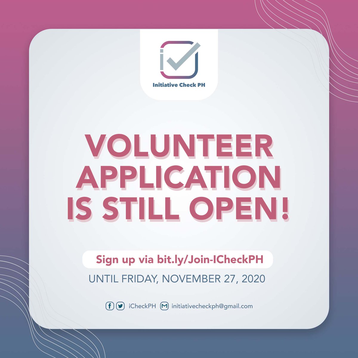 iCheckPH's tweet photo. #InitiativeCheckPH is still open for volunteers!

SIGN UP NOW via https://t.co/JMfdHdkvU2 https://t.co/k97x306TVg