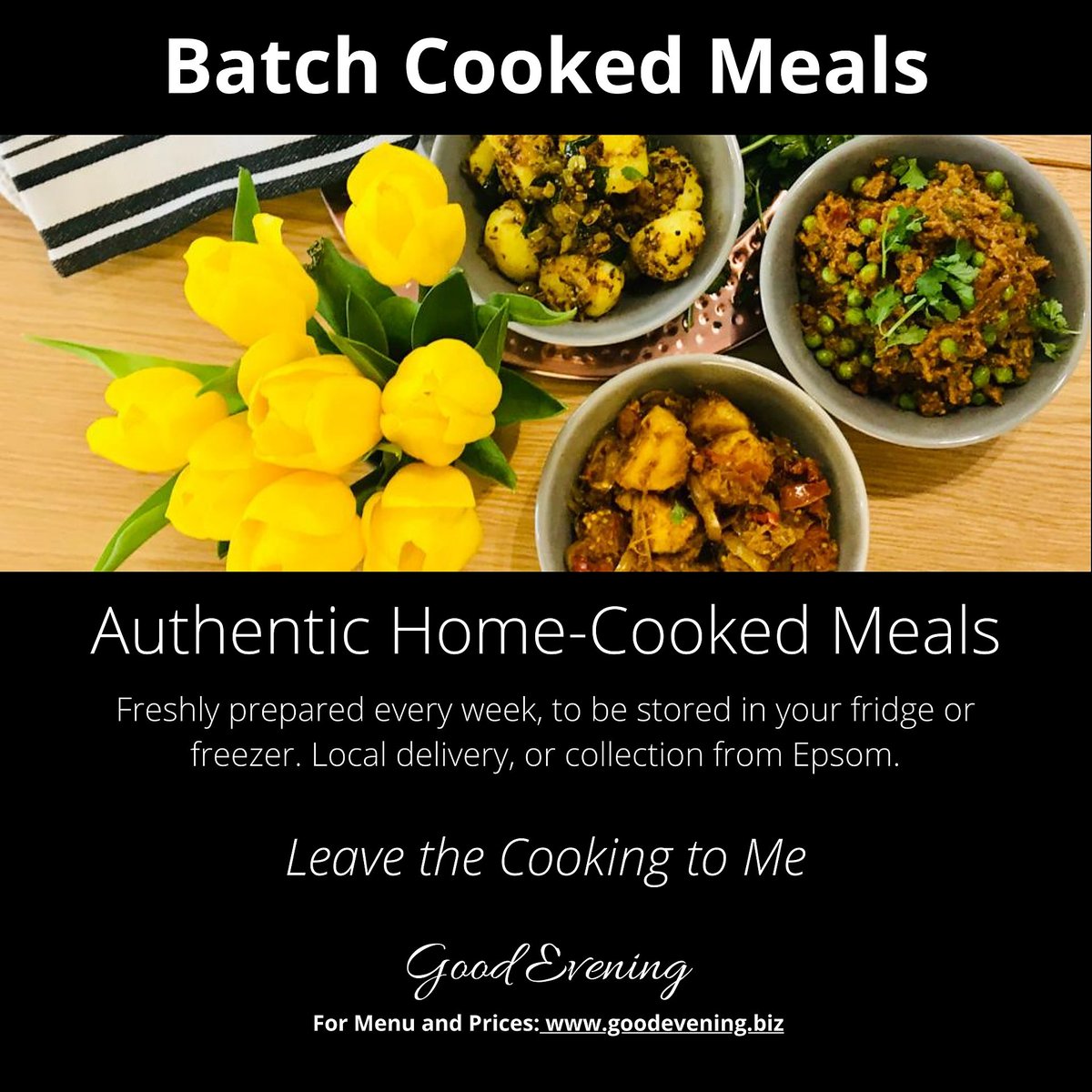 GoodEveningFood's tweet image. Order your batch cooked meals by Wednesday, for collection or delivery in Epsom on Friday. Meals for the whole family, and perfect as a Friday night 'take away' or they can be kept in your freezer for another night. 

Email sudesh@goodevening.biz to order your meals.