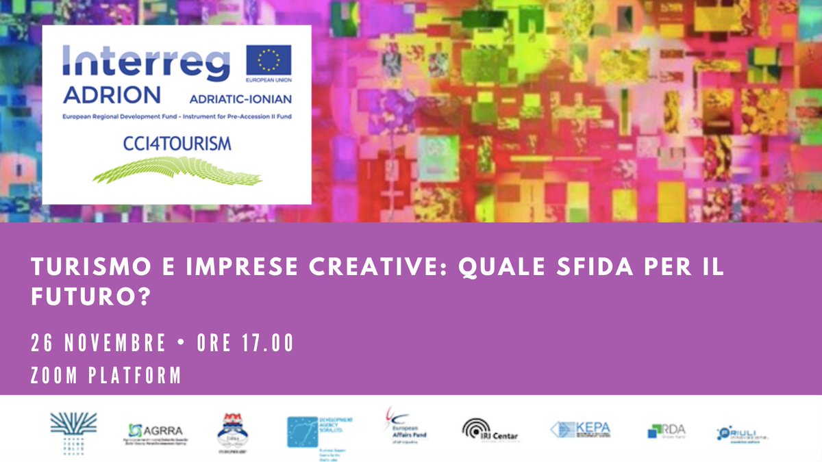 🚩Turismo e imprese creative: quale sfida per il futuro?
⏰ 26 Novembre h. 17 Zoom Platform
Registrazioni👉 bit.ly/3l0a0Xt

⚡️Grazie a <a href="/INTERREGADRION/">Interreg IPA ADRION</a>  #CCI4tourism
<a href="/Mibac_Puglia/">MiC Puglia</a> <a href="/fase_de/">FASE</a> <a href="/EUBIC/">EBN -European Business & Innovation Centre Network</a>