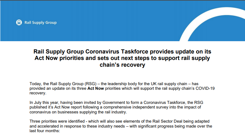 Following our invitation from the Government to create a Covid taskforce, the <a href="/RailSupplyGrp/">Rail Supply Group</a> has now published its 'Act Now' report. Central to its success is increased collaboration and transparency, driving productivity and the passenger experience:
ow.ly/XE6U50Ct9Hj