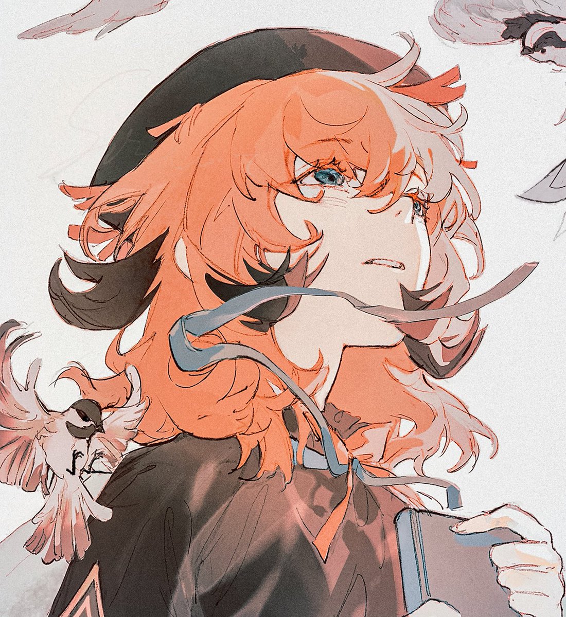 1girl bird holding book hat solo orange hair  illustration images