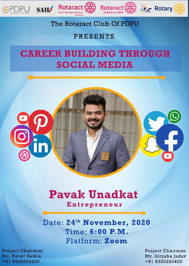 RCPDEU's tweet photo. Join us today at 6:00PM for a webinar on "Career Building Through Social Media" by Pavak Unadkat.
Registration link : https://t.co/VoUEoFGenF
@Rotary 
@pavakunadkat 
@Rotaract3054 https://t.co/NfY74vMTtT