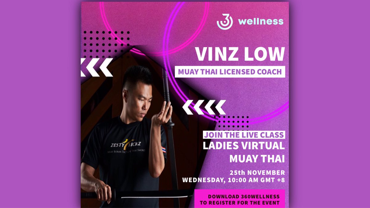 DEFITofficial's tweet photo. VINZ LOW is the founder of zesty kickz, he is MUAY THAI licensed coach. Download the 360wellness mobile application to register for the event and many more live events.

#activesg #sgfitfam  #sgfitfam #sgfitness #sgfit #sgfitspo #getactivesg https://t.co/WboJ3igJNo