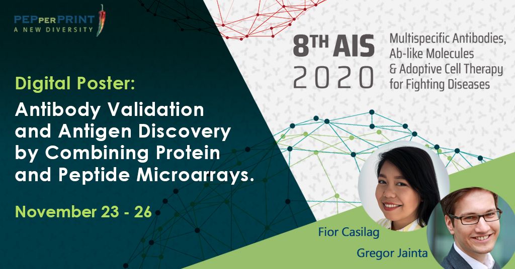 PEPperCHIP's tweet image. #HappeningNow: Day 2 of #AIS2020 Digital. Interested to learn how #PeptideMicroarrays can be used for #antibody validation? View our #poster currently at the AIS poster area until 26 November. Connect w/us via the platform, or download our poster via: buff.ly/2UVoGwx