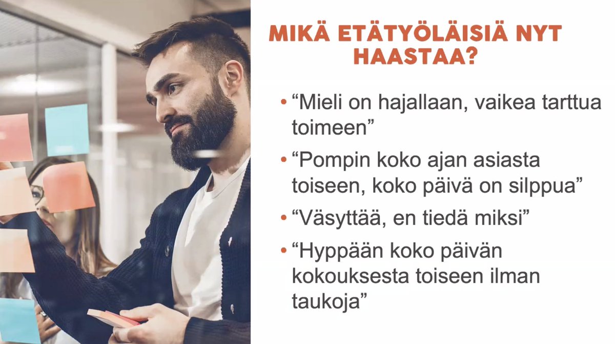 tilapit's tweet photo. Kuuntelemassa Mona Moisalan ja Eeva Haaparannan ajatuksia aivoystävällisestä etätyöskentelystä. Mikä etätyöläisiä nyt haastaa? Tunnistatko nämä ilmiöt? #helttiakatemia #aivoterveys #hyvinvointi #tuottavuus #etätyö @HelttiHealthy https://t.co/K3zguM7Bq4