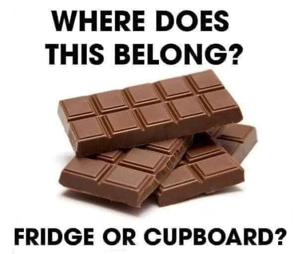 bdtherapies's tweet photo. Ok, there's been a lot of Talk of Chocolate on here recently... but where does this belong? Fridge or cupboard? For me, it's the cupboard, I don't like to bite into cold chocolate #chocolate https://t.co/aK8T2NK3IG