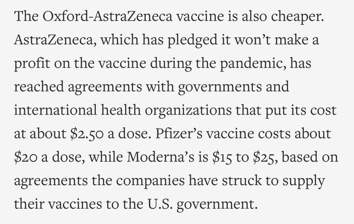 4) And it’s not a little cheaper. Oxford vaccine is like 8-12x cheaper than the other Moderna and Pfizer vaccines. That price difference means millions or even billions can get the vaccine sooner and faster. Speed saves lives.