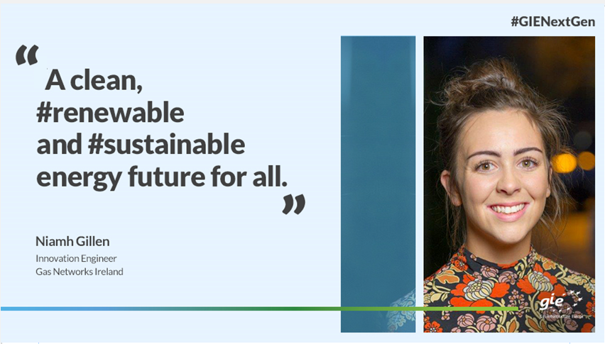 ⌛ Meet #GIENextGen, Niamh Gillen, tomorrow's #energy leader. 
Niamh is an #Innovation Engineer at <a href="/GasNetIrl/">Gas Networks Ireland</a>: “Realising the #EUGreenDeal is key. Our team is working on the development of #biomethane as one solution to decarbonising the network &amp; delivering on #climate targets."