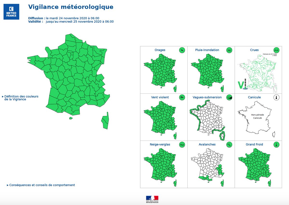 SecCivileFrance's tweet photo. 📅 Aujourd'hui, la France voit vert ! Mais en cas de fortes pluies, d'#orages ou encore d'épisodes de #canicule, @meteofrance a mis en place depuis 2001 des niveaux de vigilance 🟢🟡🟠🔴 pour vous informer sur les risques près de chez vous. Plus d'infos 👉 https://t.co/fj9cbBO85M https://t.co/vC1uLHJLXM
