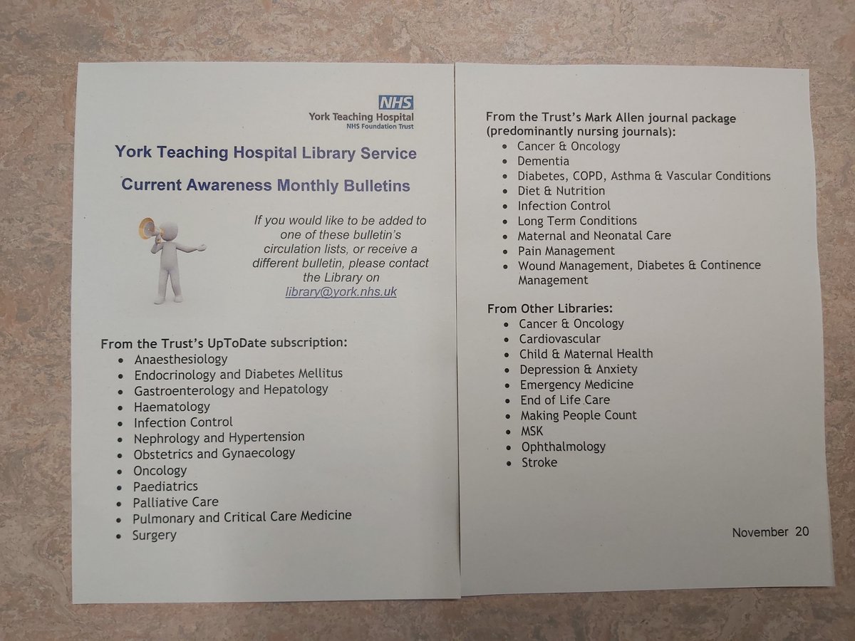 YSNHSLibrary's tweet photo. Are you signed up to any current awareness bulletins from the Library? If not, today is the perfect time to join! We can keep you up to date with a wide range of clinical topics, from obstetrics to end of life care. #KNOWvember20
#YorkNHSLibrary @YorkTeachingNHS @NHS_HealthEdEng https://t.co/fpMtbV7F8M