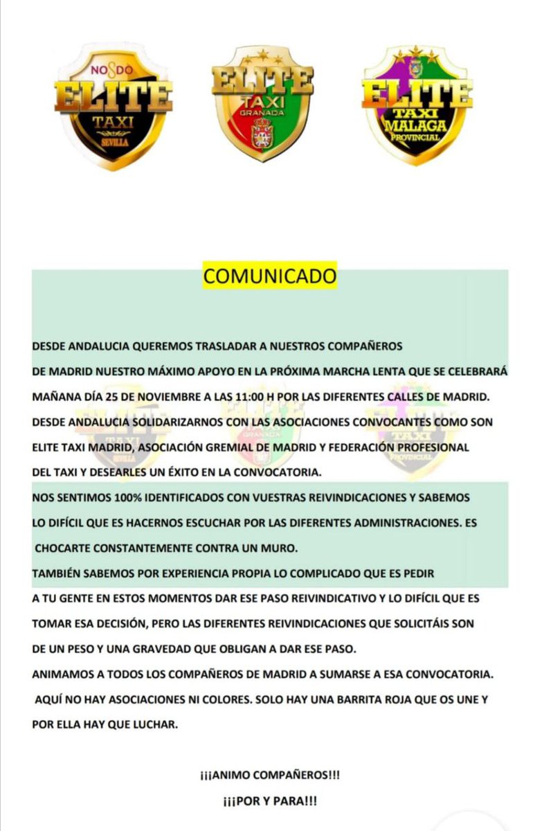 COMUNICADO DESDE LAS ELITES DE ANDALUCÍA EN APOYO A TODOS NUESTROS COMPAÑEROS DE MADRID.

<a href="/EliteTaxiSevil1/">Elite Taxi Sevilla🚖</a> <a href="/granada_taxi/">Elite Taxi Granada</a> <a href="/EliteTaxiMalaga/">Elite Taxi Malaga Provincial</a> <a href="/EliteTaxiMadrid/">𝐄́𝐋𝐈𝐓𝐄 𝐓𝐀𝐗𝐈 𝐌𝐀𝐃𝐑𝐈𝐃</a>