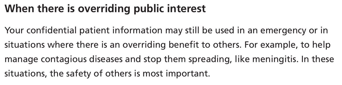 9/. Few people are aware that, since the 30 September, the NHS may be sharing your data “for research purposes”You can opt out, but the NHS will still share your anonymous data - from which you can be identified - & you CANNOT opt out if there is an “overriding public interest”